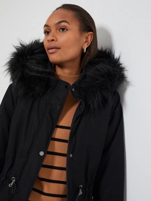 Black Faux Fur Trim Parka Coat Women at ASDA