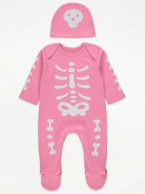 Halloween Pink Skeleton Sleepsuit and Hat Set Baby at ASDA