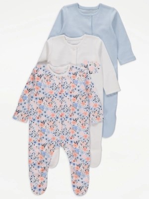 Blue Pretty Floral Sleepsuits 3 Pack Baby at ASDA