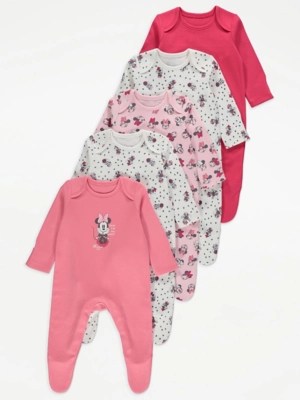 Disney Minnie Mouse Pink Spot Sleepsuits 5 Pack Baby at ASDA