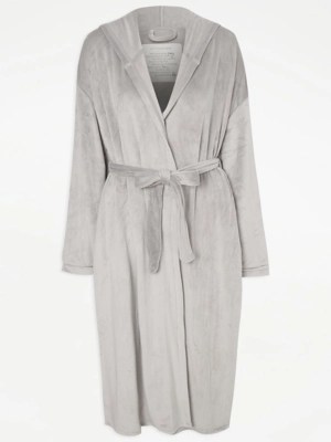 Grey Velour Longline Dressing Gown Lingerie at ASDA
