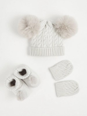 Grey Knitted Pom Pom Hat Mittens and Booties Set Baby at ASDA