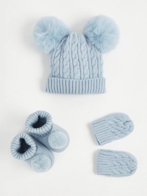 Blue Knitted Pom Pom Hat Mittens and Booties Set Baby at ASDA