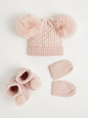 Pink Knitted Pom Pom Hat Mittens and Booties Set Baby at ASDA