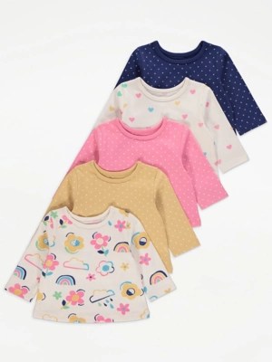 Flower Rainbow Long Sleeve Tops 5 Pack Baby at ASDA