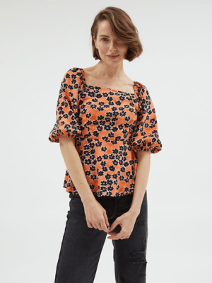 Orange Shirred Floral Blouse Women at ASDA
