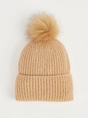Tan Knitted Pom Pom Beanie Hat Women at ASDA