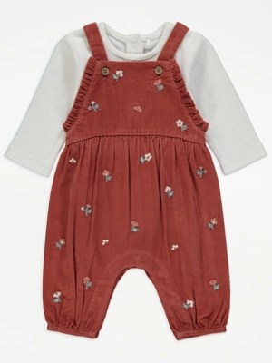 Cream Bodysuit and Floral Corduroy Dungarees Baby at ASDA