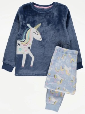 Navy Unicorn Star Fleece Pyjamas Kids at ASDA