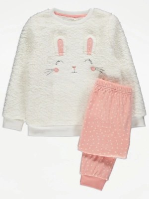 Pink Polka Dot Bunny Face Fleece Pyjamas Kids at ASDA
