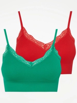 Bright Ribbed Lace Trim Non Wired Bras 2 Pack Lingerie at ASDA