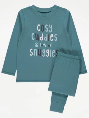 Teal Cuddles and Snuggles Slogan Pyjamas Kids at ASDA