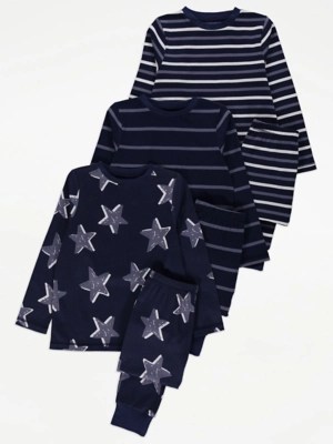 Navy Stars and Stripes Pyjamas 3 Pack Kids at ASDA