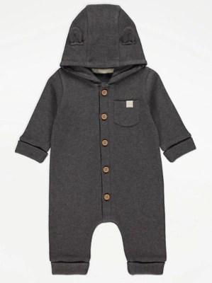 Charcoal Ribbed Hooded All In One Baby at ASDA