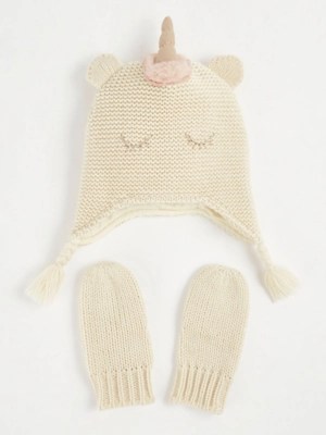 Cream Unicorn Hat and Mittens Kids at ASDA