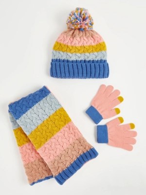 Pastel Striped Chunky Knit Hat Scarf and Gloves Set Kids at ASDA