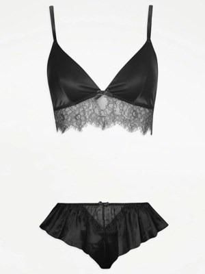 Black Satin Bralette and Short Knickers Set Lingerie at ASDA