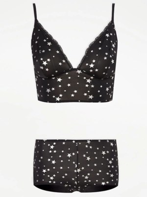 Black Star Bralette and Knickers Set Lingerie at ASDA