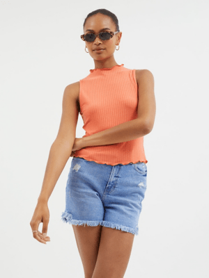 Orange Ribbed Lettuce Trim Vest Women at ASDA