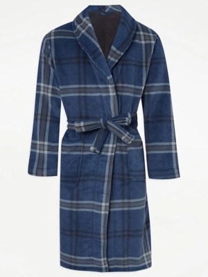 Blue Checked Fleece Dressing Gown Men at ASDA