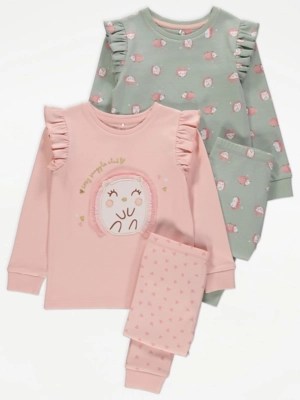 Hedgehog Frill Trim Long Sleeve Pyjamas 2 Pack Kids at ASDA