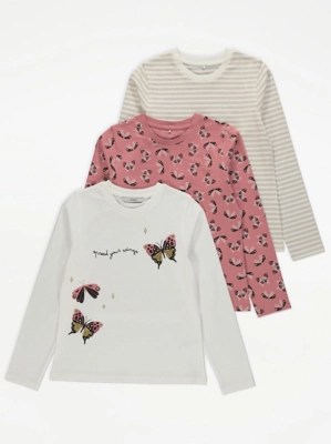 Butterfly Pattern Long Sleeve Tops 3 Pack Kids at ASDA