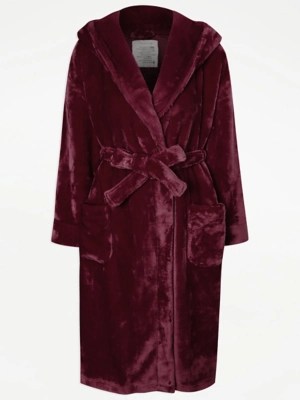 Burgundy Plush Dressing Gown Lingerie at ASDA