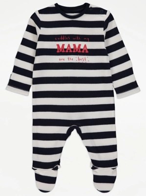 Navy Striped Cuddles With My Mama Sleepsuit Baby at ASDA