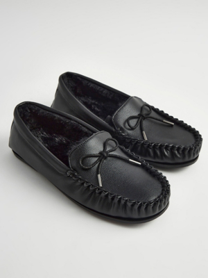 Black Leather Look Full Back Moccasin Slippers Men at ASDA