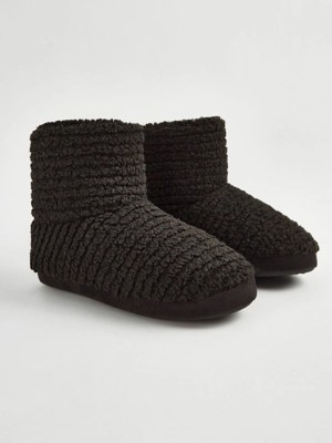 Black Ribbed Fleece Slipper Boots Men at ASDA