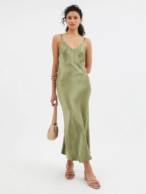 Khaki Satin Midi Slip Dress Women at ASDA