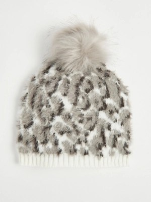 Grey Leopard Pom Pom Beanie Hat Women at ASDA