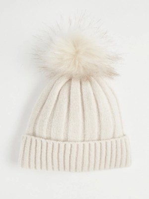 Cream Ribbed Pom Pom Beanie Hat Women at ASDA