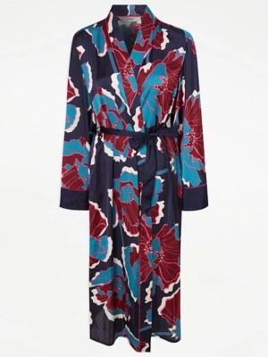 Navy Floral Satin Dressing Gown Lingerie at ASDA