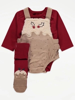 Christmas Pudding Romper Bodysuit and Tights 3 Piece Set Baby