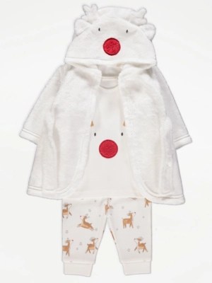 White Reindeer Dressing Gown and Pyjamas Set Baby at ASDA
