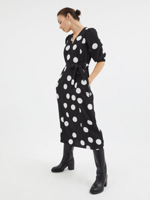 Black Spot Textured Tie Waist Midi Dress Women at ASDA