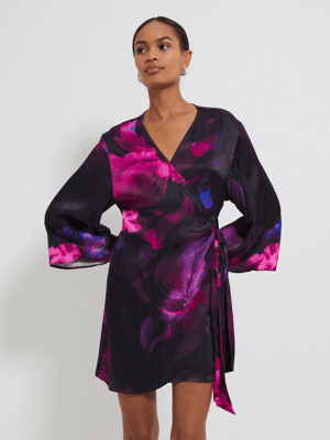 Floral Satin Wrap Front Mini Dress Women at ASDA