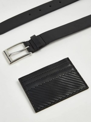 Black Leather Look Belt and Cardholder Set Men at ASDA