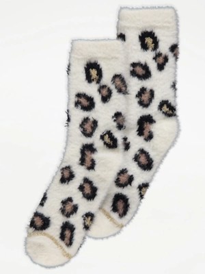 Cream Leopard Fluffy Socks Lingerie at ASDA