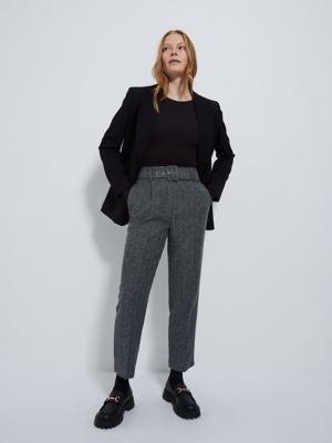 Charcoal Herringbone Belted Tapered Trousers Women at ASDA
