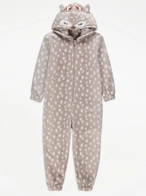 Beige Sparkle Reindeer Fleece Onesie Kids at ASDA