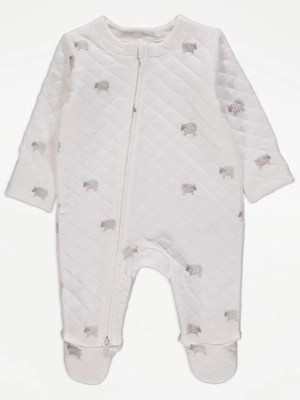 White Sheep Quilted 2 Way Zip Fastening Sleepsuit Baby at ASDA