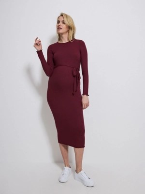 Maternity Burgundy Ribbed Belted Midi Dress Women at ASDA