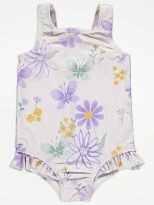 White Floral and Butterfly Frill Swimsuit Baby at ASDA