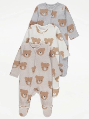 Teddy Bear Zip Up Sleepsuits 3 Pack Baby at ASDA