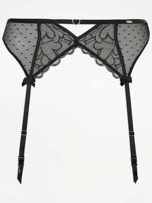 Entice Black Heart Lace Suspenders Lingerie at ASDA