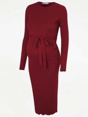 Maternity Burgundy Ribbed Tie Waist Midi Dress Women at ASDA