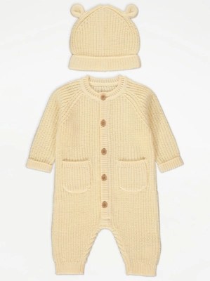 Lemon Chunky Knit All In One and Hat Outfit Baby at ASDA