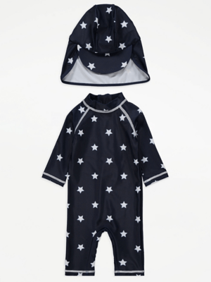 Navy Star Print All In One Sunsafe Swimsuit and Keppi Hat Baby